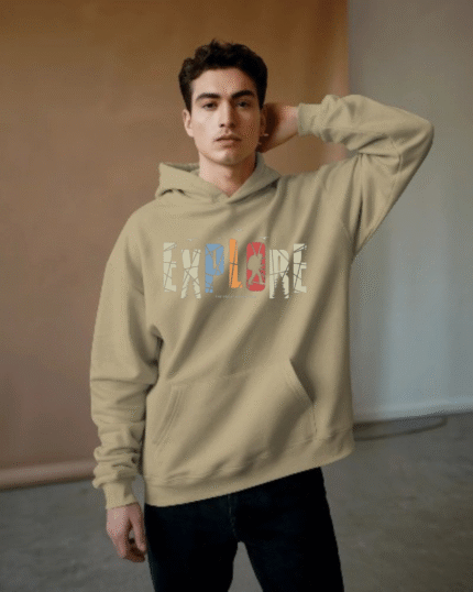 “Beige printed oversized hoodie unisex minimal streetwear by Echores”